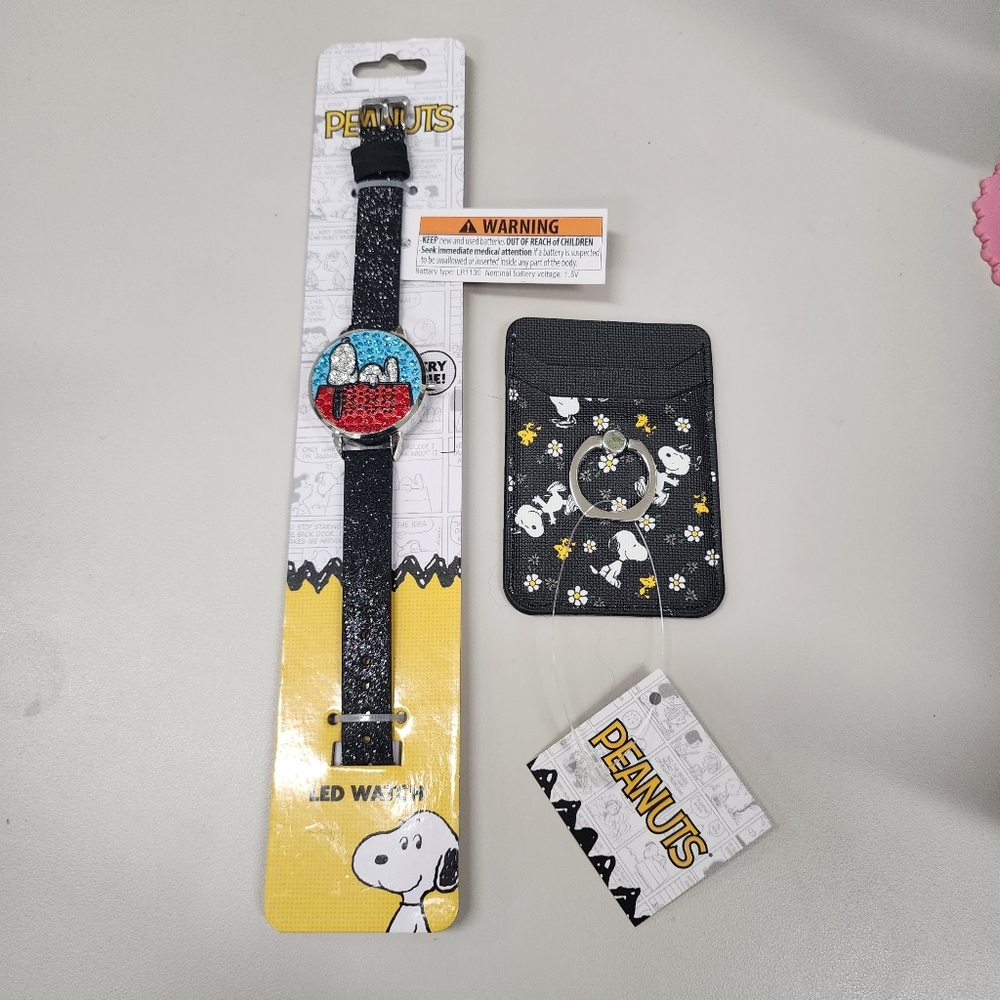 Peanuts Snoopy LED Watch & Phone Wallet Accessory Set Black Glitter Band